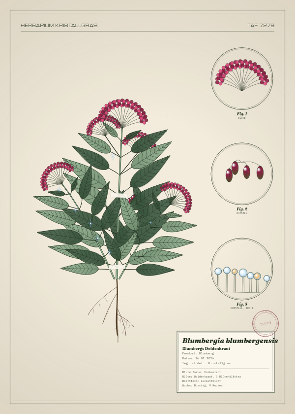 Botanische Tafel: Blumbergia blumbergensis, eine erfundene Pflanze aus Blumberg, gezeichnet wie in einem alten Pflanzenatlas