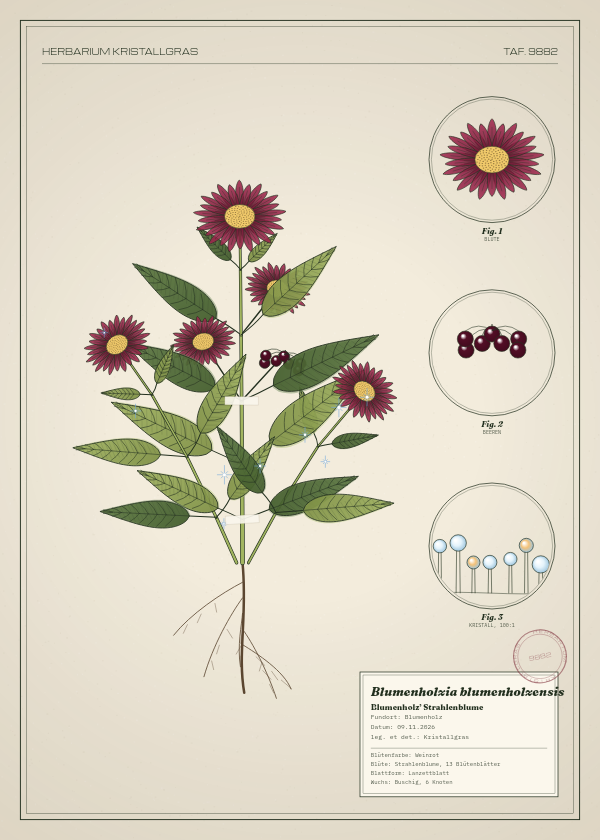 Botanische Tafel: Blumenholzia blumenholzensis, eine erfundene Pflanze aus Blumenholz, gezeichnet wie in einem alten Pflanzenatlas