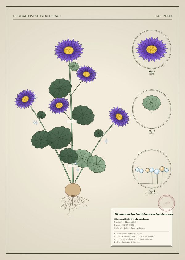 Botanische Tafel: Blumenthalia blumenthalensis, eine erfundene Pflanze aus Blumenthal, gezeichnet wie in einem alten Pflanzenatlas
