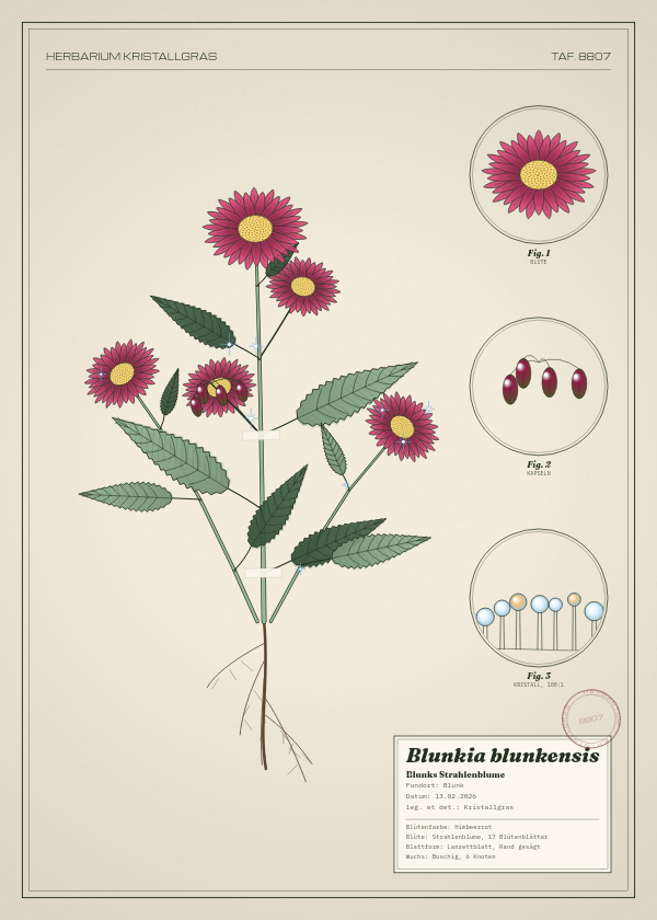 Botanische Tafel: Blunkia blunkensis, eine erfundene Pflanze aus Blunk, gezeichnet wie in einem alten Pflanzenatlas