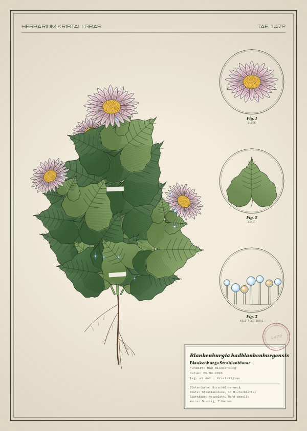 Botanische Tafel: Blankenburgia badblankenburgensis, eine erfundene Pflanze aus Bad Blankenburg, gezeichnet wie in einem alten Pflanzenatlas