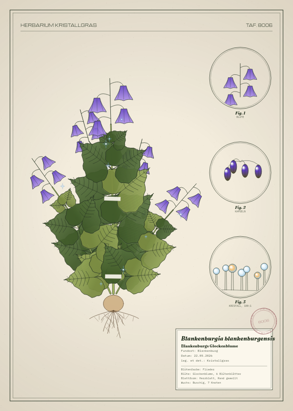 Botanische Tafel: Blankenburgia blankenburgensis, eine erfundene Pflanze aus Blankenburg, gezeichnet wie in einem alten Pflanzenatlas