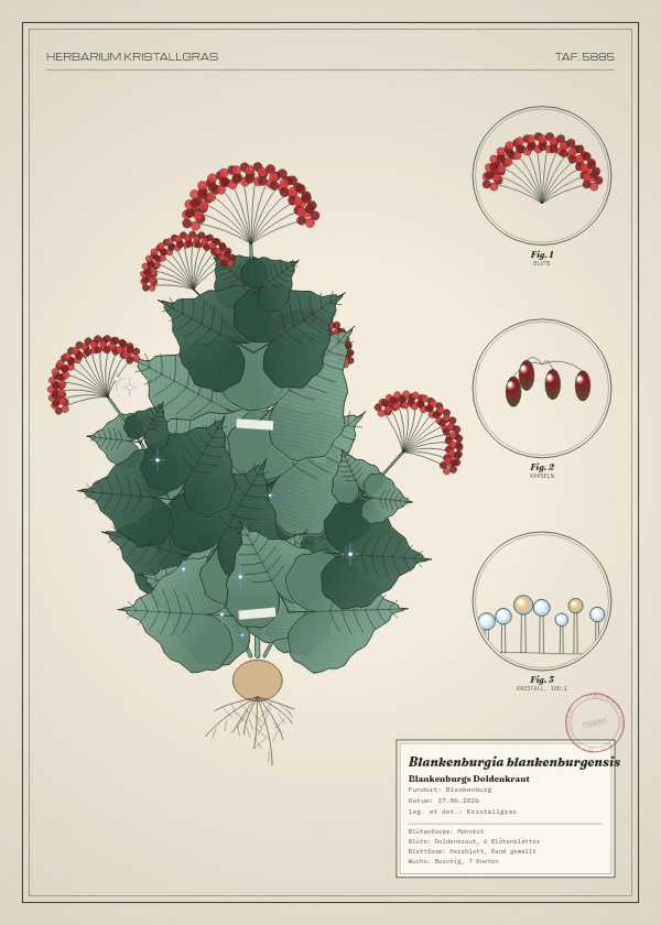 Botanische Tafel: Blankenburgia blankenburgensis, eine erfundene Pflanze aus Blankenburg, gezeichnet wie in einem alten Pflanzenatlas