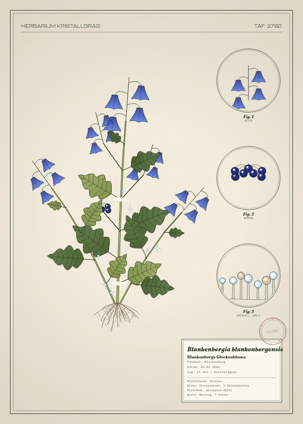 Botanische Tafel: Blankenbergia blankenbergensis, eine erfundene Pflanze aus Blankenberg, gezeichnet wie in einem alten Pflanzenatlas