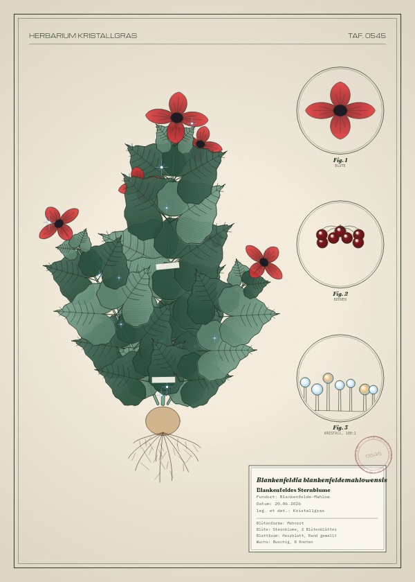 Botanische Tafel: Blankenfeldia blankenfeldemahlowensis, eine erfundene Pflanze aus Blankenfelde-Mahlow, gezeichnet wie in einem alten Pflanzenatlas