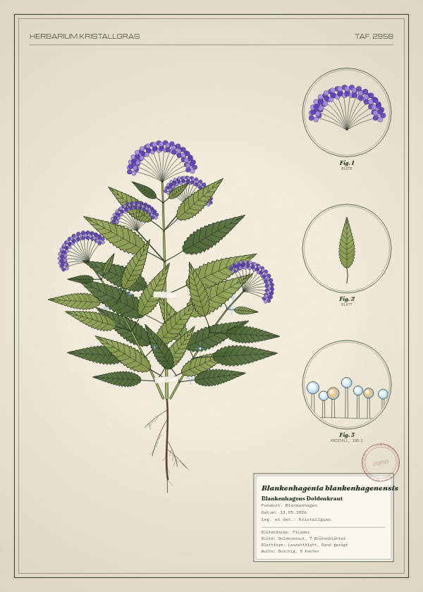 Botanische Tafel: Blankenhagenia blankenhagenensis, eine erfundene Pflanze aus Blankenhagen, gezeichnet wie in einem alten Pflanzenatlas
