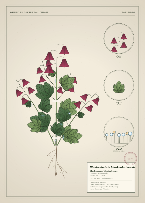 Botanische Tafel: Blankenhainia blankenhainensis, eine erfundene Pflanze aus Blankenhain, gezeichnet wie in einem alten Pflanzenatlas