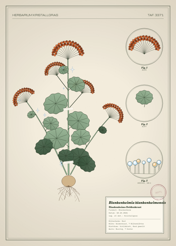Botanische Tafel: Blankenheimia blankenheimensis, eine erfundene Pflanze aus Blankenheim, gezeichnet wie in einem alten Pflanzenatlas