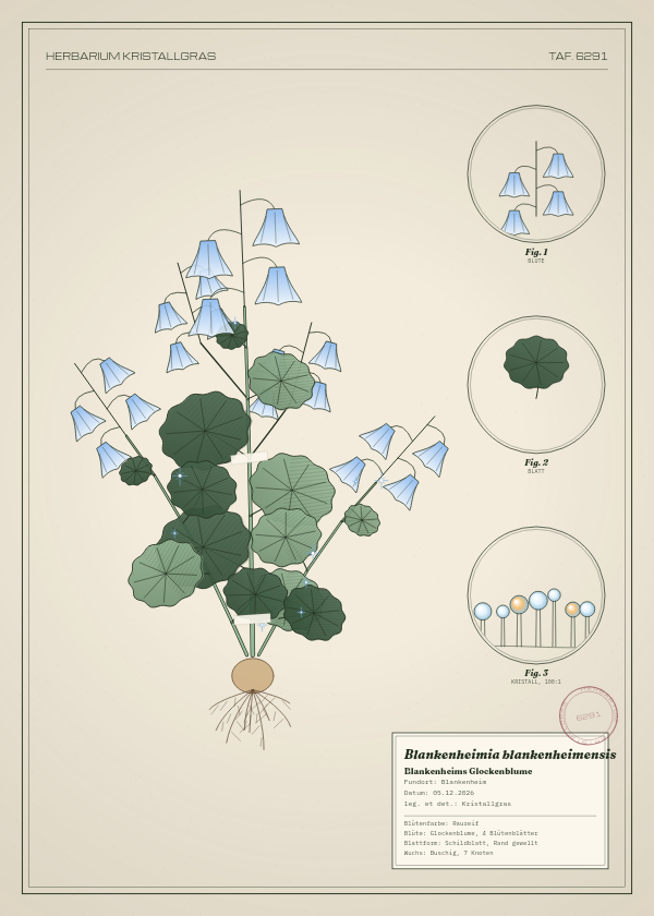 Botanische Tafel: Blankenheimia blankenheimensis, eine erfundene Pflanze aus Blankenheim, gezeichnet wie in einem alten Pflanzenatlas