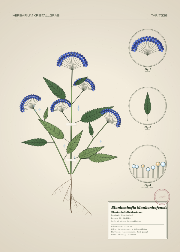 Botanische Tafel: Blankenhofia blankenhofensis, eine erfundene Pflanze aus Blankenhof, gezeichnet wie in einem alten Pflanzenatlas