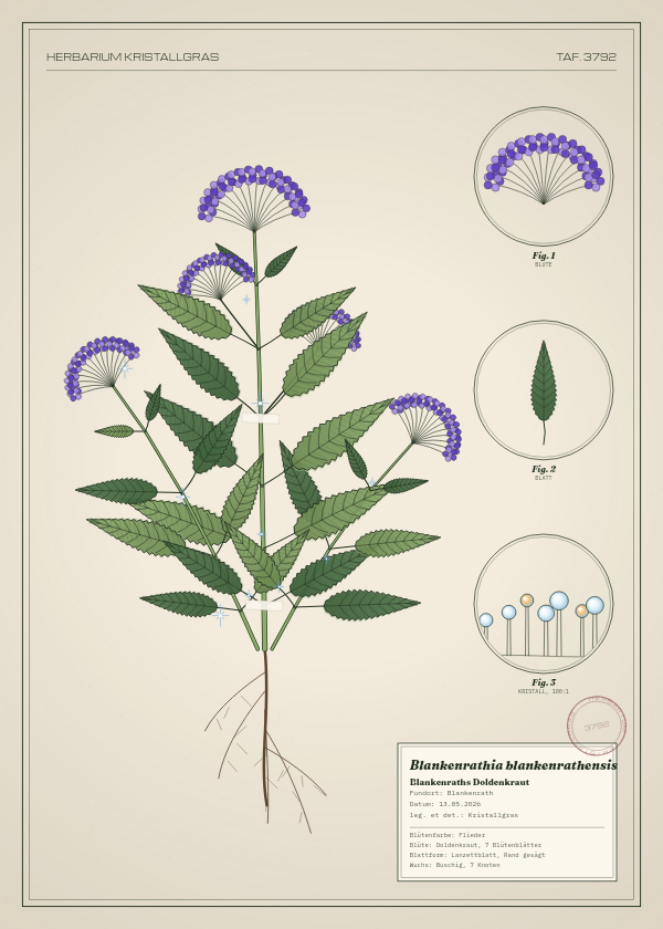 Botanische Tafel: Blankenrathia blankenrathensis, eine erfundene Pflanze aus Blankenrath, gezeichnet wie in einem alten Pflanzenatlas