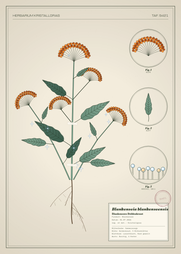 Botanische Tafel: Blankenseia blankenseensis, eine erfundene Pflanze aus Blankensee, gezeichnet wie in einem alten Pflanzenatlas