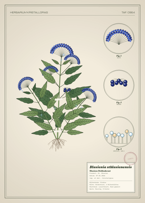 Botanische Tafel: Blasienia stblasienensis, eine erfundene Pflanze aus St. Blasien, gezeichnet wie in einem alten Pflanzenatlas