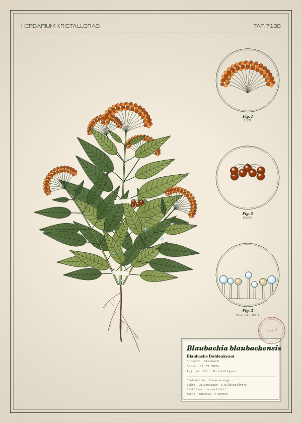 Botanische Tafel: Blaubachia blaubachensis, eine erfundene Pflanze aus Blaubach, gezeichnet wie in einem alten Pflanzenatlas