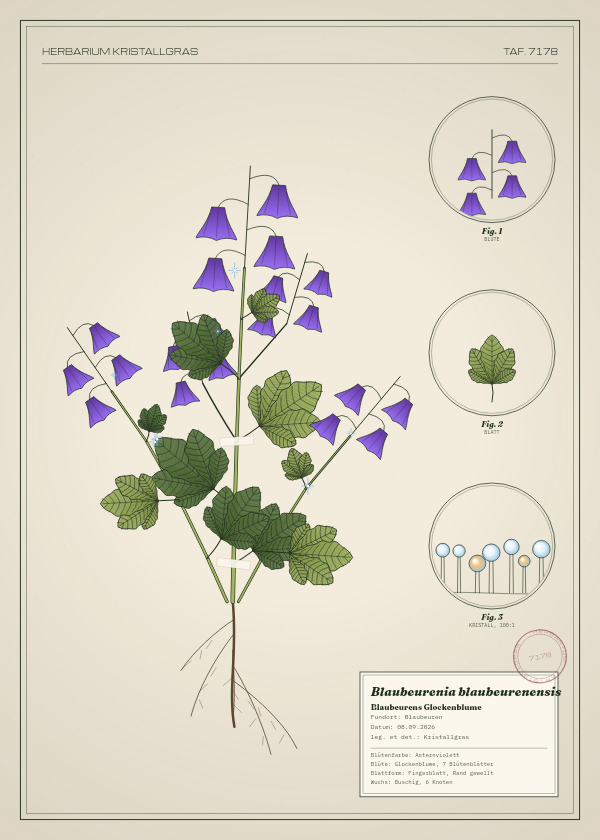 Botanische Tafel: Blaubeurenia blaubeurenensis, eine erfundene Pflanze aus Blaubeuren, gezeichnet wie in einem alten Pflanzenatlas