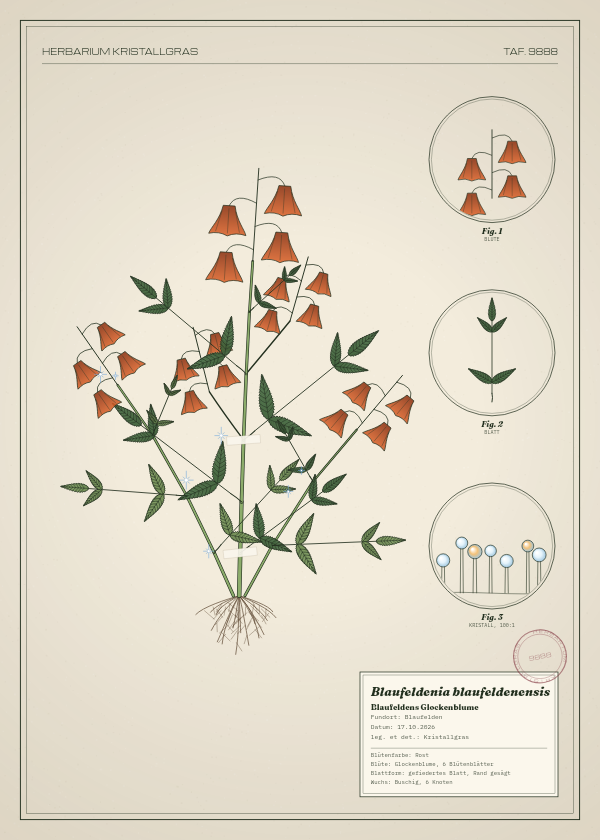 Botanische Tafel: Blaufeldenia blaufeldenensis, eine erfundene Pflanze aus Blaufelden, gezeichnet wie in einem alten Pflanzenatlas