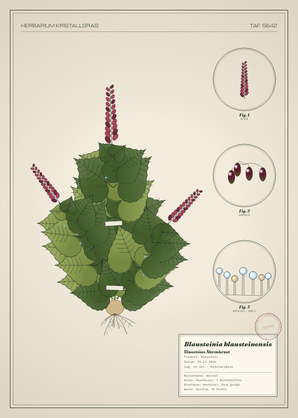 Botanische Tafel: Blausteinia blausteinensis, eine erfundene Pflanze aus Blaustein, gezeichnet wie in einem alten Pflanzenatlas