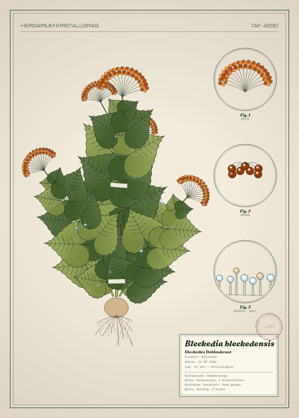 Botanische Tafel: Bleckedia bleckedensis, eine erfundene Pflanze aus Bleckede, gezeichnet wie in einem alten Pflanzenatlas