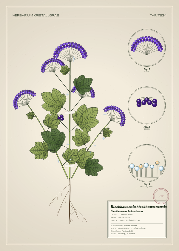 Botanische Tafel: Bleckhausenia bleckhausenensis, eine erfundene Pflanze aus Bleckhausen, gezeichnet wie in einem alten Pflanzenatlas