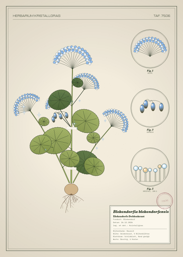 Botanische Tafel: Blekendorfia blekendorfensis, eine erfundene Pflanze aus Blekendorf, gezeichnet wie in einem alten Pflanzenatlas