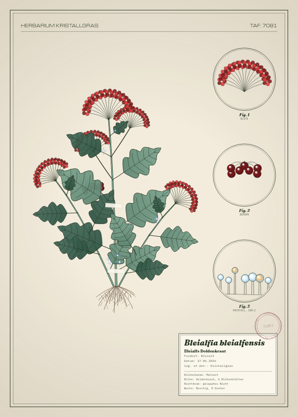 Botanische Tafel: Bleialfia bleialfensis, eine erfundene Pflanze aus Bleialf, gezeichnet wie in einem alten Pflanzenatlas