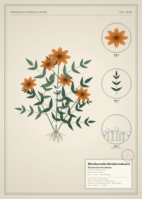 Botanische Tafel: Bleicherodia bleicherodensis, eine erfundene Pflanze aus Bleicherode, gezeichnet wie in einem alten Pflanzenatlas