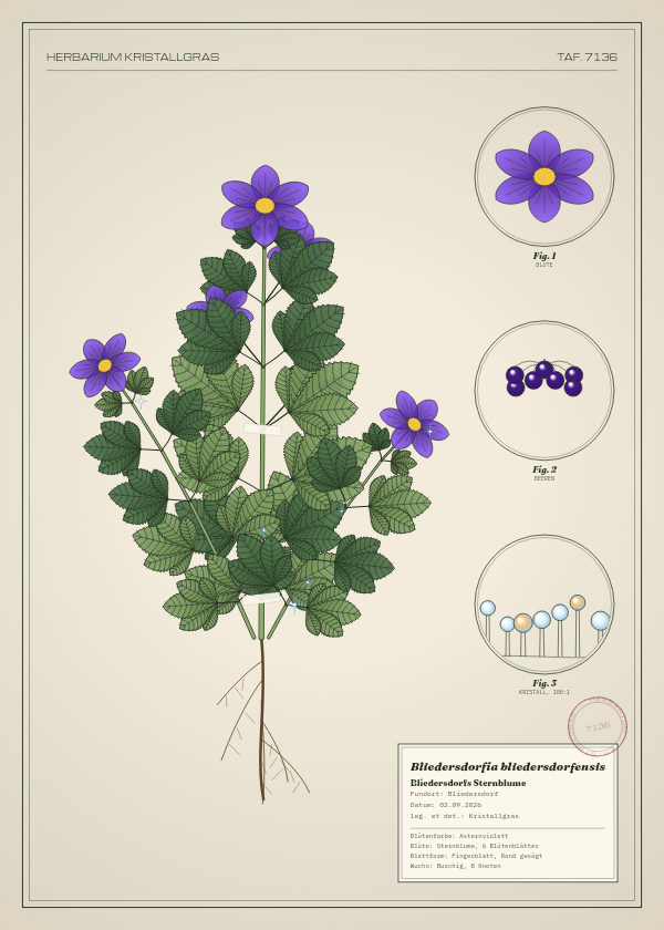 Botanische Tafel: Bliedersdorfia bliedersdorfensis, eine erfundene Pflanze aus Bliedersdorf, gezeichnet wie in einem alten Pflanzenatlas