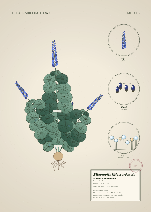 Botanische Tafel: Bliestorfia bliestorfensis, eine erfundene Pflanze aus Bliestorf, gezeichnet wie in einem alten Pflanzenatlas