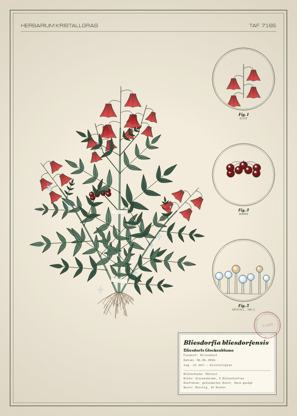 Botanische Tafel: Bliesdorfia bliesdorfensis, eine erfundene Pflanze aus Bliesdorf, gezeichnet wie in einem alten Pflanzenatlas