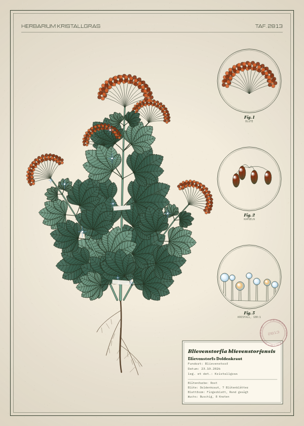 Botanische Tafel: Blievenstorfia blievenstorfensis, eine erfundene Pflanze aus Blievenstorf, gezeichnet wie in einem alten Pflanzenatlas