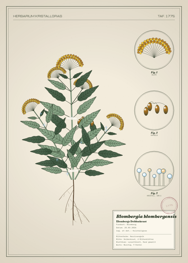 Botanische Tafel: Blombergia blombergensis, eine erfundene Pflanze aus Blomberg, gezeichnet wie in einem alten Pflanzenatlas
