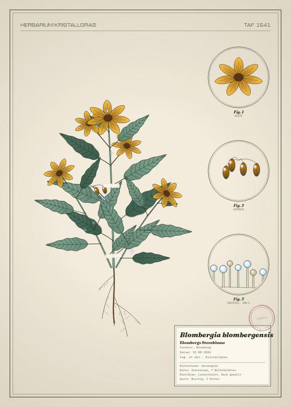 Botanische Tafel: Blombergia blombergensis, eine erfundene Pflanze aus Blomberg, gezeichnet wie in einem alten Pflanzenatlas