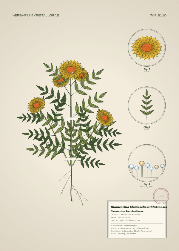 Botanische Tafel: Blomeschia blomeschewildnisensis, eine erfundene Pflanze aus Blomesche Wildnis, gezeichnet wie in einem alten Pflanzenatlas