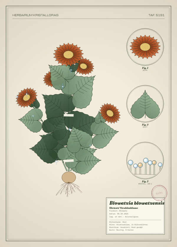 Botanische Tafel: Blowatzia blowatzensis, eine erfundene Pflanze aus Blowatz, gezeichnet wie in einem alten Pflanzenatlas