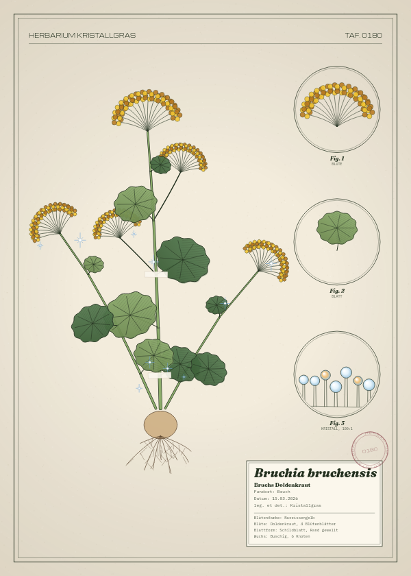Botanische Tafel: Bruchia bruchensis, eine erfundene Pflanze aus Bruch, gezeichnet wie in einem alten Pflanzenatlas