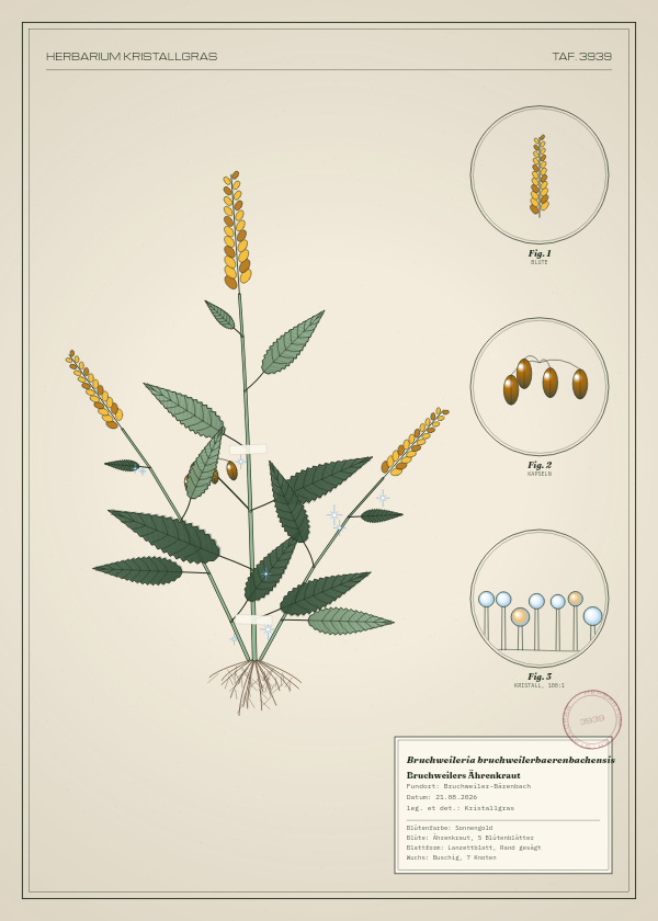 Botanische Tafel: Bruchweileria bruchweilerbaerenbachensis, eine erfundene Pflanze aus Bruchweiler-Bärenbach, gezeichnet wie in einem alten Pflanzenatlas