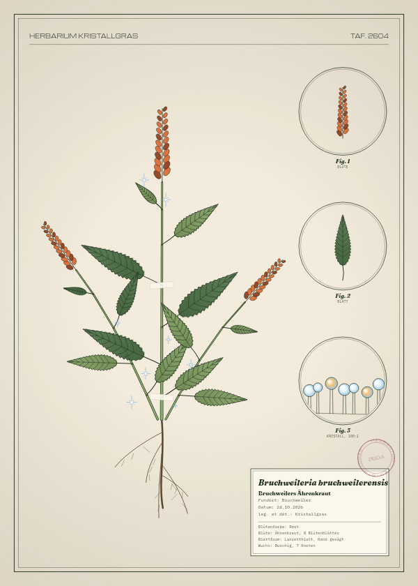 Botanische Tafel: Bruchweileria bruchweilerensis, eine erfundene Pflanze aus Bruchweiler, gezeichnet wie in einem alten Pflanzenatlas