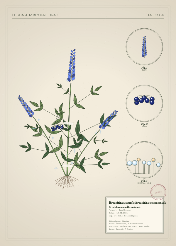Botanische Tafel: Bruchhausenia bruchhausenensis, eine erfundene Pflanze aus Bruchhausen, gezeichnet wie in einem alten Pflanzenatlas