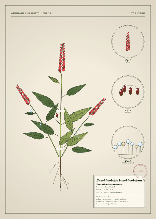 Botanische Tafel: Bruchkoebelia bruchkoebelensis, eine erfundene Pflanze aus Bruchköbel, gezeichnet wie in einem alten Pflanzenatlas