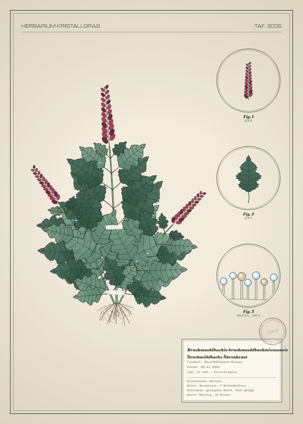 Botanische Tafel: Bruchmuehlbachia bruchmuehlbachmiesaensis, eine erfundene Pflanze aus Bruchmühlbach-Miesau, gezeichnet wie in einem alten Pflanzenatlas
