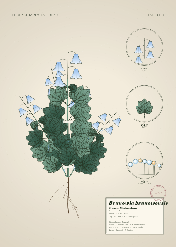 Botanische Tafel: Brunowia brunowensis, eine erfundene Pflanze aus Brunow, gezeichnet wie in einem alten Pflanzenatlas