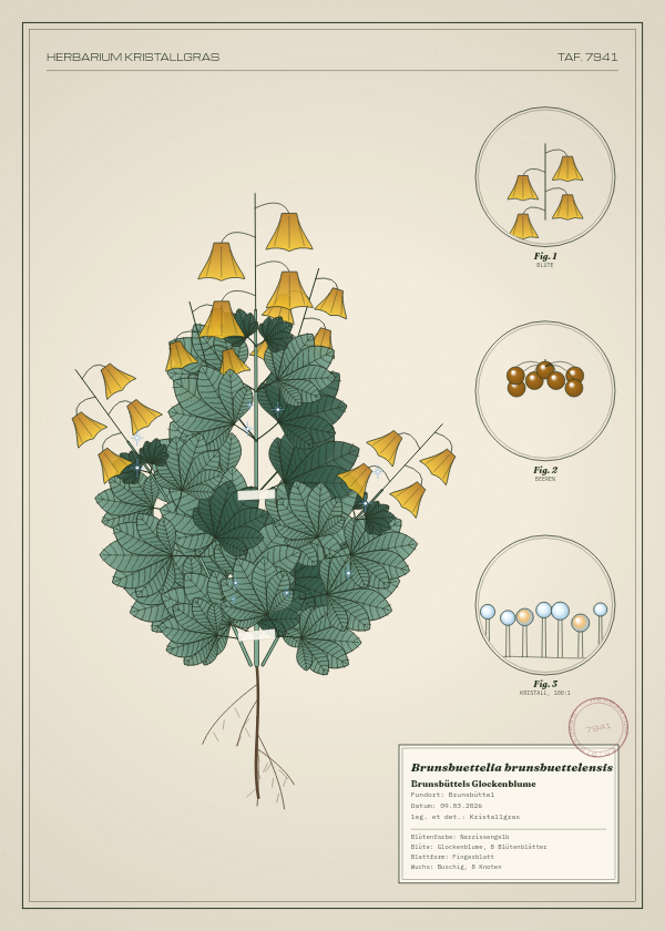 Botanische Tafel: Brunsbuettelia brunsbuettelensis, eine erfundene Pflanze aus Brunsbüttel, gezeichnet wie in einem alten Pflanzenatlas