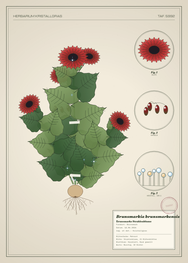 Botanische Tafel: Brunsmarkia brunsmarkensis, eine erfundene Pflanze aus Brunsmark, gezeichnet wie in einem alten Pflanzenatlas