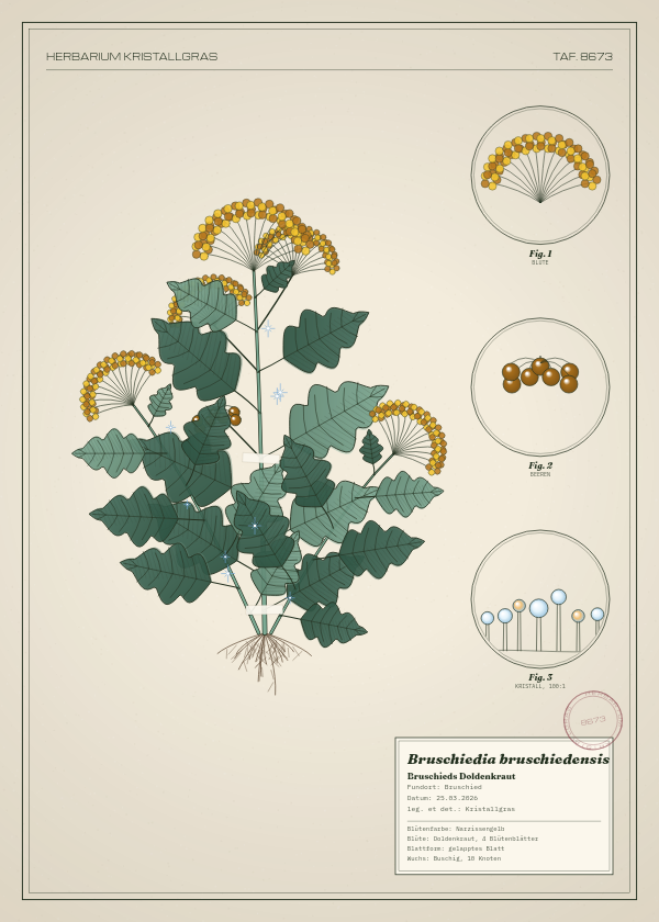 Botanische Tafel: Bruschiedia bruschiedensis, eine erfundene Pflanze aus Bruschied, gezeichnet wie in einem alten Pflanzenatlas