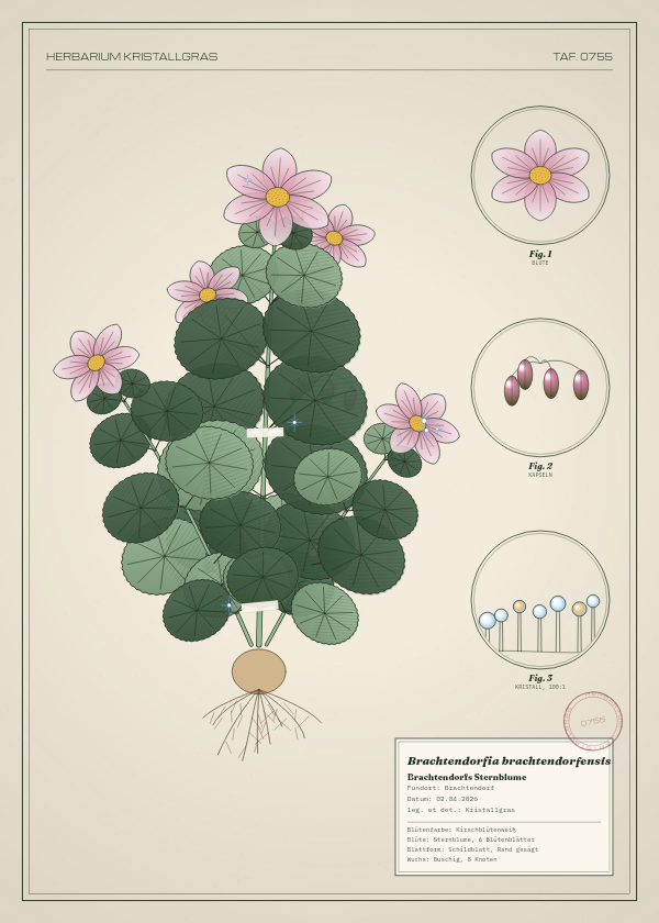Botanische Tafel: Brachtendorfia brachtendorfensis, eine erfundene Pflanze aus Brachtendorf, gezeichnet wie in einem alten Pflanzenatlas
