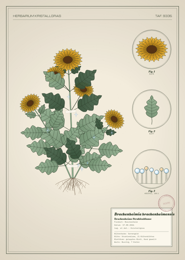 Botanische Tafel: Brackenheimia brackenheimensis, eine erfundene Pflanze aus Brackenheim, gezeichnet wie in einem alten Pflanzenatlas