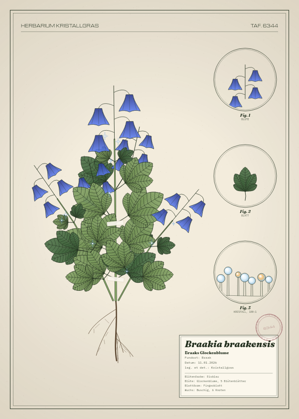 Botanische Tafel: Braakia braakensis, eine erfundene Pflanze aus Braak, gezeichnet wie in einem alten Pflanzenatlas