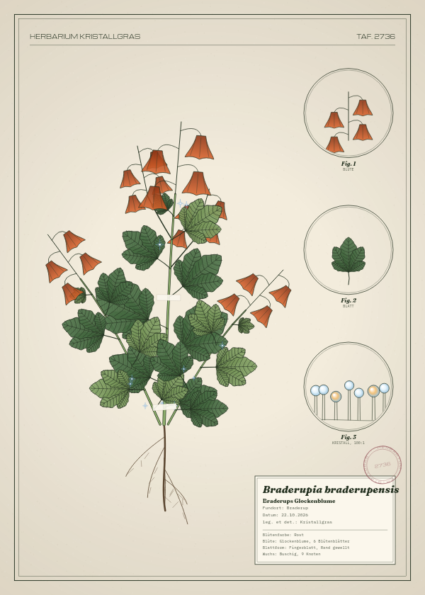 Botanische Tafel: Braderupia braderupensis, eine erfundene Pflanze aus Braderup, gezeichnet wie in einem alten Pflanzenatlas
