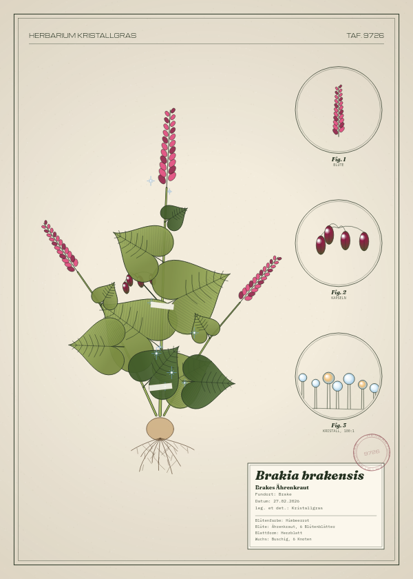 Botanische Tafel: Brakia brakensis, eine erfundene Pflanze aus Brake, gezeichnet wie in einem alten Pflanzenatlas