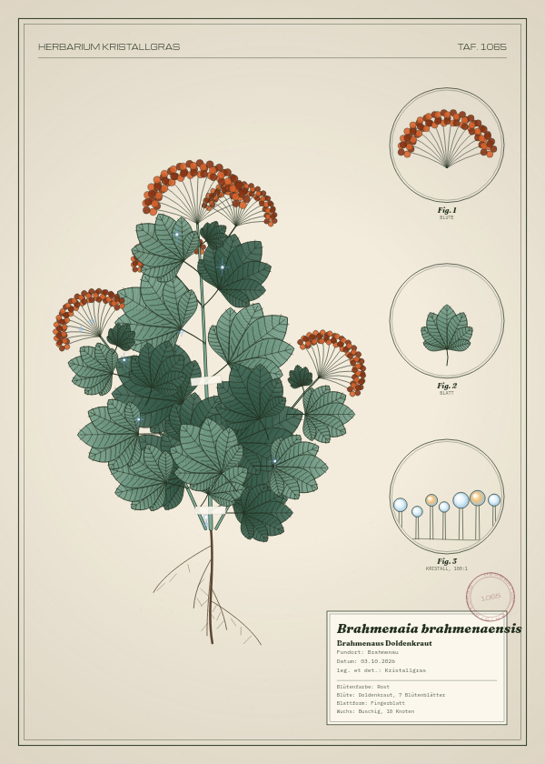 Botanische Tafel: Brahmenaia brahmenaensis, eine erfundene Pflanze aus Brahmenau, gezeichnet wie in einem alten Pflanzenatlas